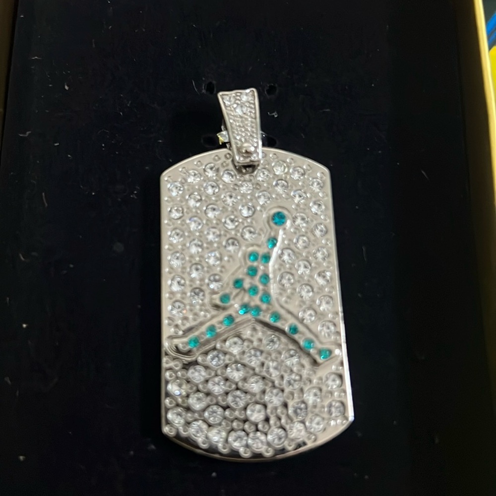 Michael Jordan sole plated 23 dog tag pendant with green and white rhinestones